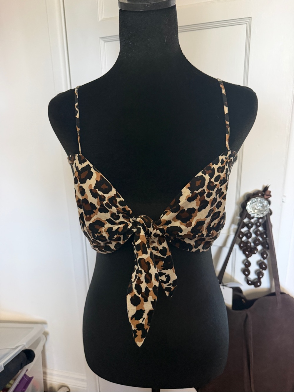 Express Brown and Black Leopard Print Tie-Front Crop Top